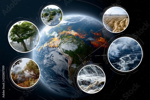 Planet Earth with visualized El Nino climate effects including floods, drought and storms, scientific environmental illustration for global weather and climate presentations