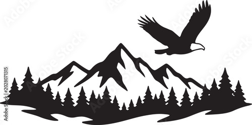 Mountain landscape silhouette, eagle flying, pine trees, black vector icon