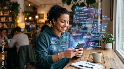 Woman sitting at a wooden table in a cafe using her smartphone with ai assistant interface floating above the screen