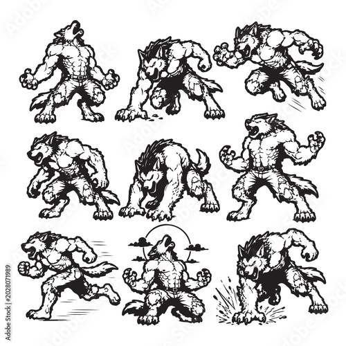 Ferocious Werewolf Monster Collection with Aggressive Poses and Fantasy Creature Illustration