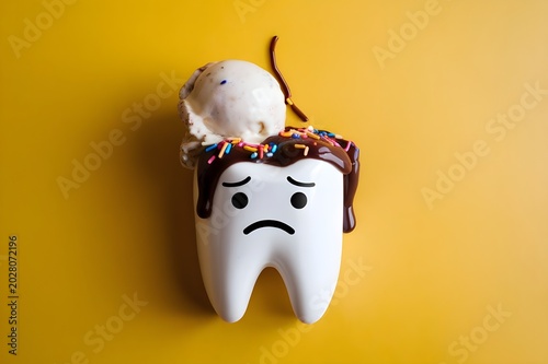 Dental health matters as sweet chocolate syrup and cold ice cream sprinkles cause a sad tooth pain cavity emergency.