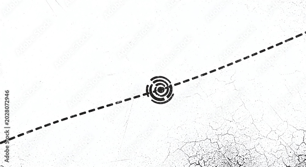 Fototapeta premium Black and white image of a bullseye target with a dotted line on a cracked surface