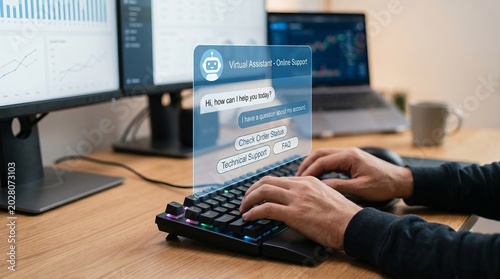 Person using a laptop with virtual assistant on screen with two monitors on a wooden desk in office