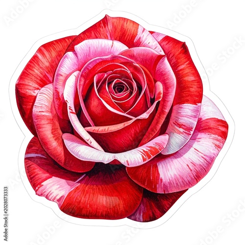 Red and white striped rose watercolor sticker isolated on white background