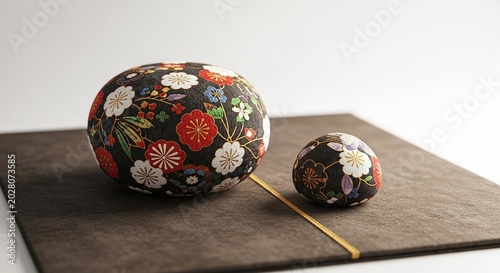 Two decorative floral balls on a brown leather book with yellow elastic