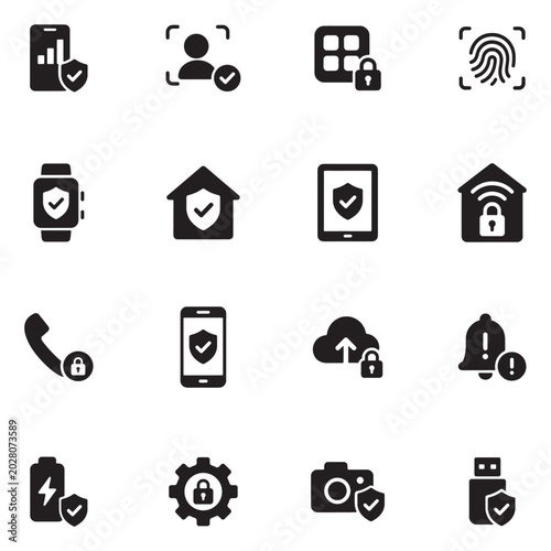 Mobile Security Icons Set – Device Protection and Digital Privacy Collection