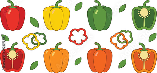 Colorful Bell Pepper Collection with Whole and Sliced Capsicum Vegetables in Red, Yellow, Green, and Orange for Healthy Food Design Projects