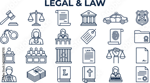 Foto Legal and law icon set, professional justice and courtroom line icons, 24 vector