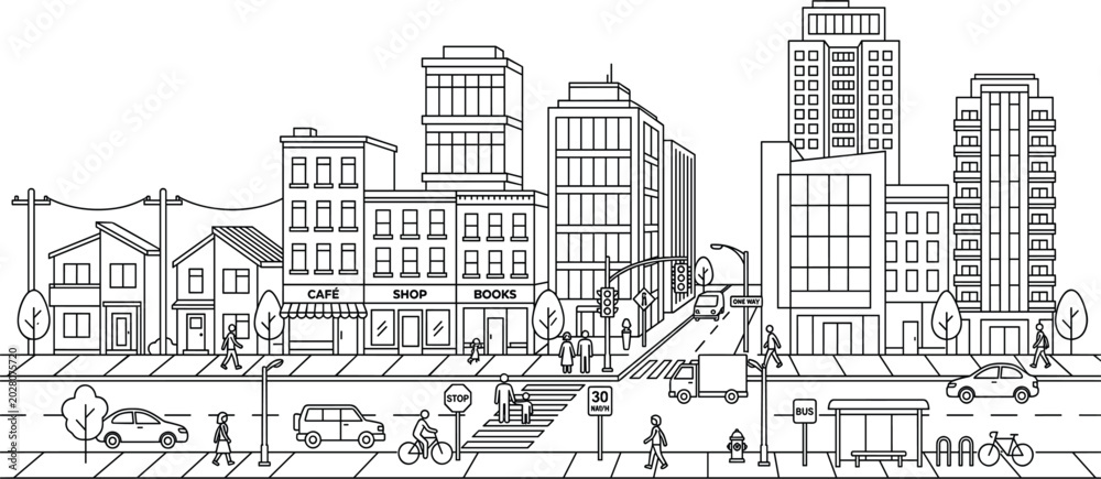 Obraz premium Modern Urban Street Line Art Illustration with City Buildings, Public Transportation, Pedestrians, and Downtown Architecture for Business and Real Estate Projects