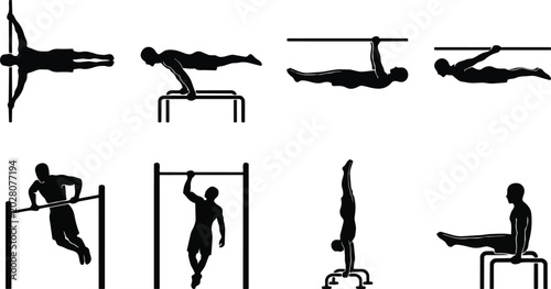 Set of calisthenics silhouettes showing various athletic street workout exercises performed by a muscular man using iron bars for bodyweight training strength and endurance isolated on transparent bac