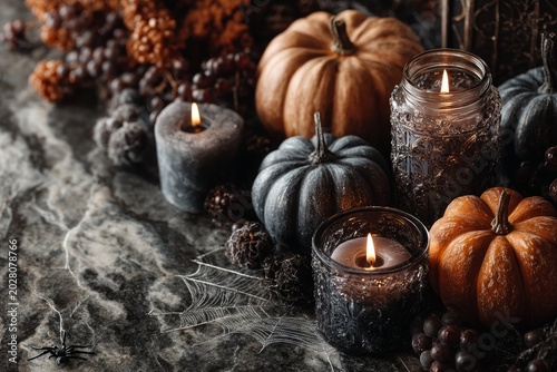 Flat lay of halloween decorations with pumpkins candles and spiderwebs