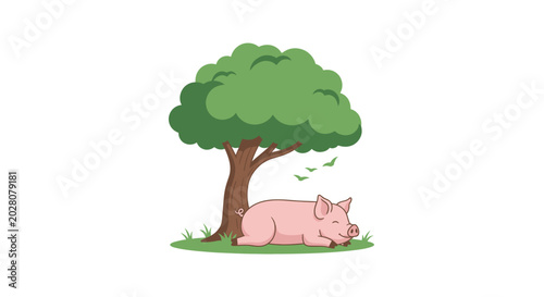 A pink pig lying on grass.