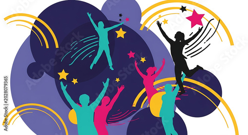 Energetic silhouettes celebrating joy and success with abstract shapes