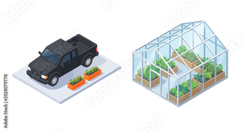 Tableau sur toile isometric pickup truck and greenhouse with plants on white background