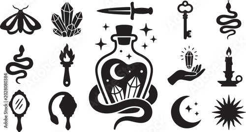 Mystical occult icons, 14 magic alchemy vector elements
