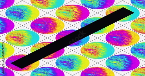 Abstract  motion graphic background with isometric grid and colorful textured spheres, neon vaporwave loop animation with black diagonal stripe for VJ overlay