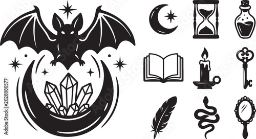 Mystical occult icons, gothic bat and moon vector set
