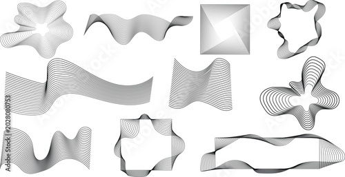 Tableau sur toile Set of abstract geometric shapes with wavy lines, moire pattern vector elements