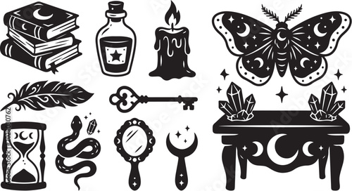 Mystical occult icons, magic witch elements, black vectors