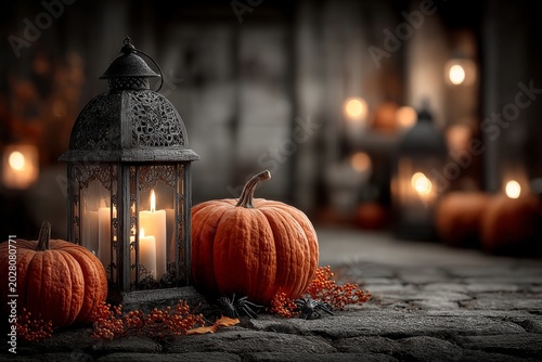 Halloween pumpkins with candles and spooky decorations at night