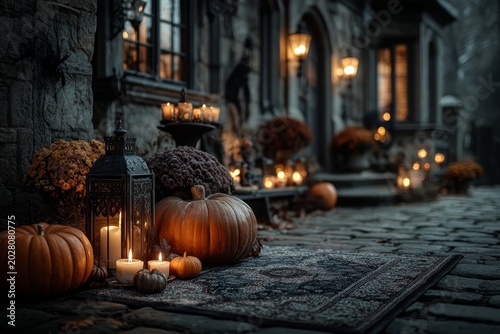 Halloween pumpkins with candles and spooky decorations at night