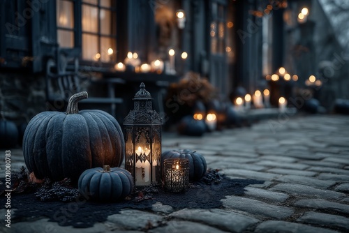 Halloween pumpkins with candles and spooky decorations at night