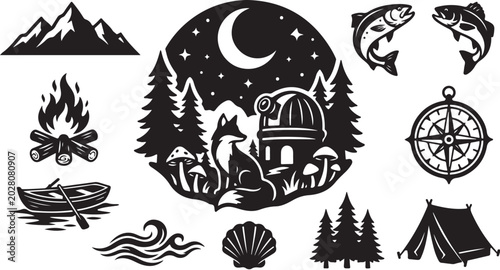 Vintage camping icons, outdoor adventure vector set