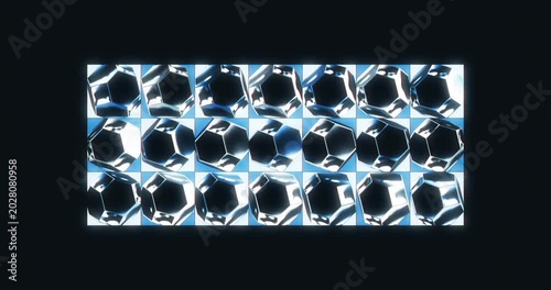 Abstract geometric pattern of rotating chrome polyhedrons on grid background, loop seamless animation of shiny metallic crystal spheres, futuristic VJ loop