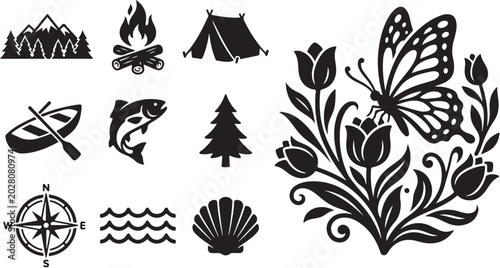 Nature icons set. Camping and floral vector elements.