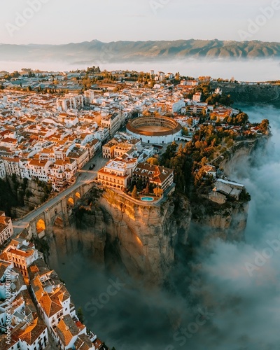 Dramatic cliffside city rises above the misty canyon at sunrise, where ancient bridges, golden rooftops, and breathtaking scenery create an unforgettable European travel destination.