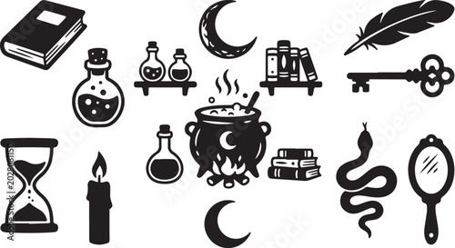Witchcraft alchemy icons, magic potion vector set