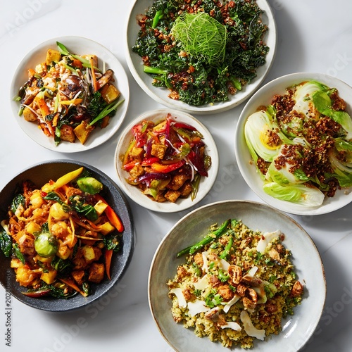 Gluten free vegan recipes colorful dishes vegetables and grains substitutes minimal white background soft lighting clean composition high detail food styling