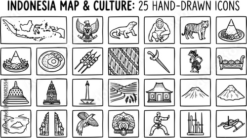 Photos Hand-drawn Black  White Line Art Icon Set: Indonesia Map, Culture, Travel  Tourism Doodles