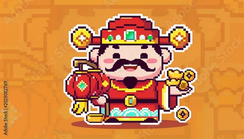 Pixel Art God Of Wealth Holding Gold Ingots And Lantern