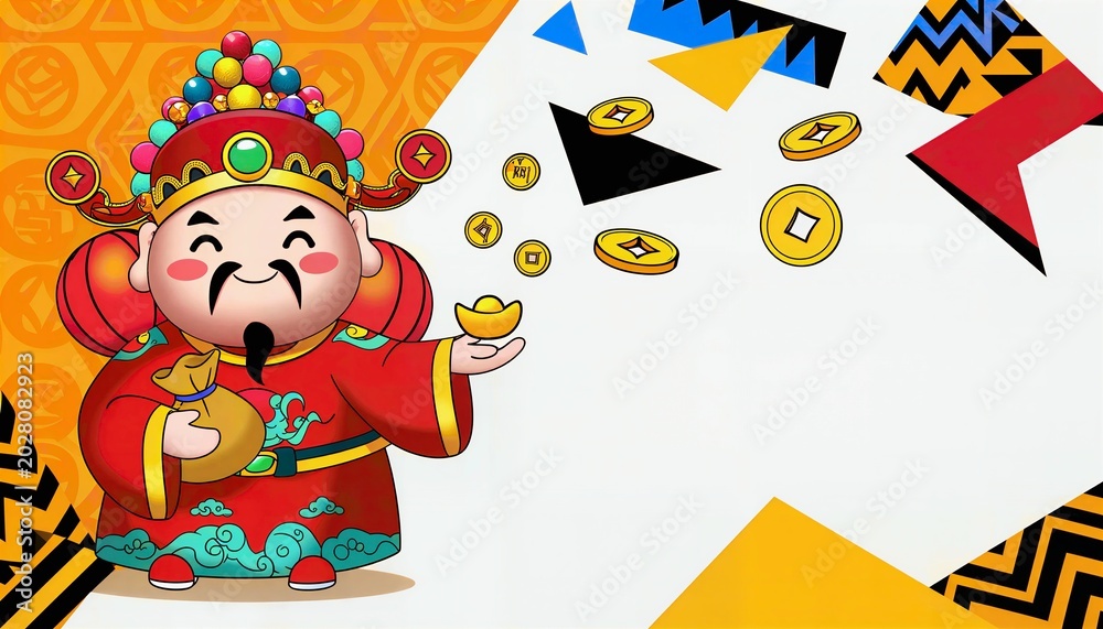 Fototapeta premium Cartoon God Of Wealth Sends Gold Ingots And Coins