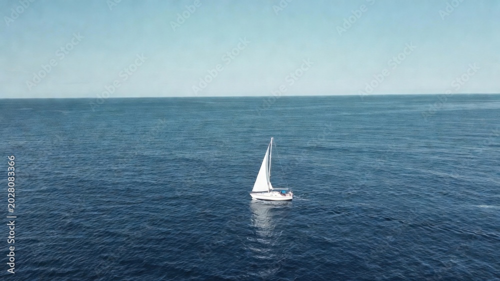 Fototapeta premium Small sailboat drifting on calm open ocean under clear sky