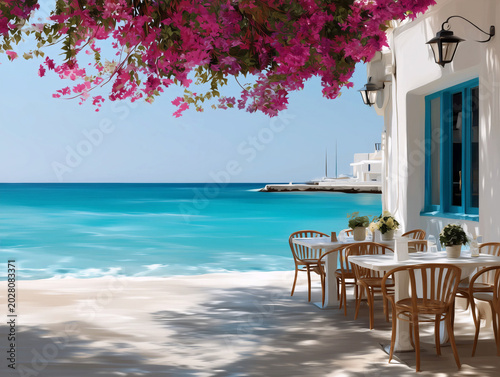 Beautiful seaside cafe terrace in Greece with white tables, blue windows, and blooming pink bougainvillea flowers overlooking the turquoise Mediterranean sea. AI generated