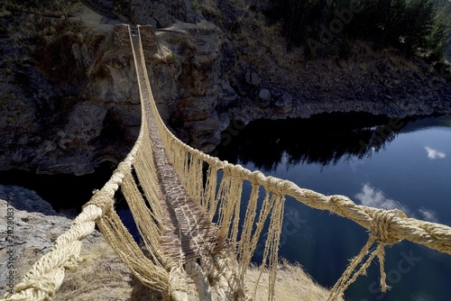 Last intact Inca rope bridge, rope bridge made of braided ichu grass (Stipa ichu), over the Apurimac, Peru