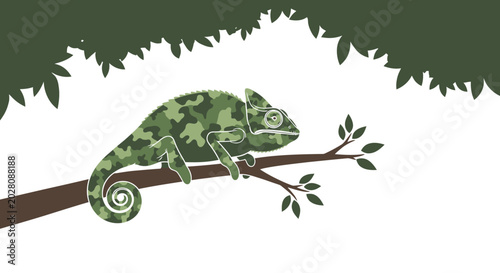 Tableau sur toile Green chameleon on a branch looking right.