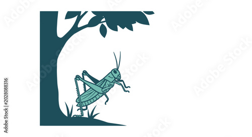 Tableau sur toile Green grasshopper insect climbing tree.