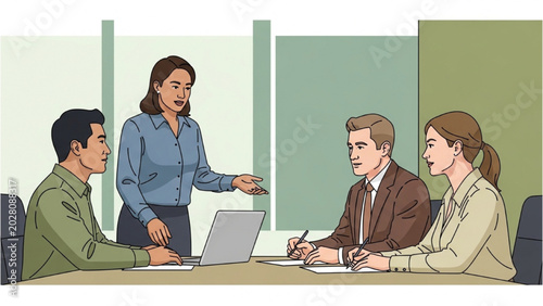 Canvastavla A woman presents to three colleagues at a meeting with a laptop on the table in office