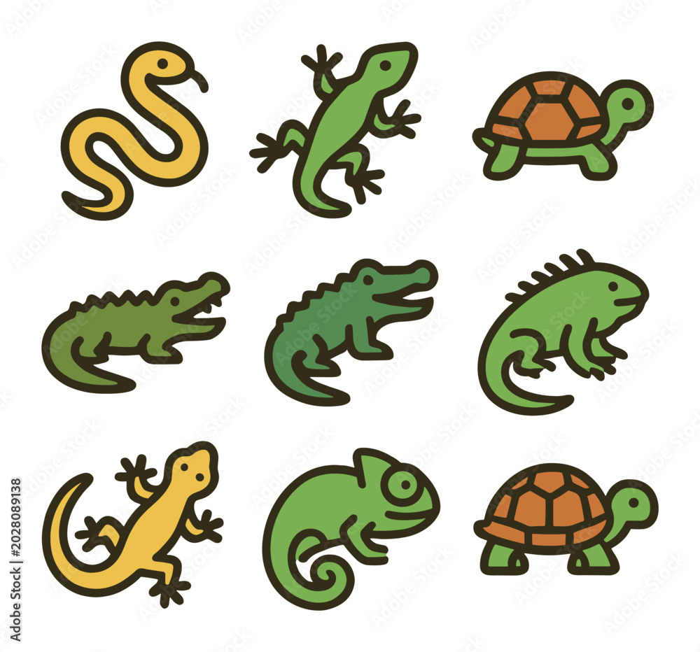 Naklejka premium Reptile icons arranged in grid on white background