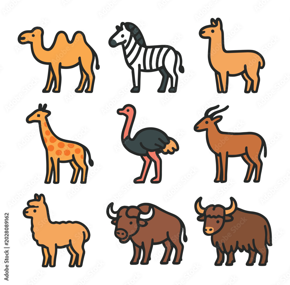 Fototapeta premium Wild mammals and birds illustrated in grid layout