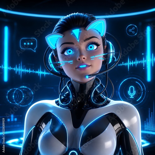 futuristic virtual assistant woman with blue holographic interface