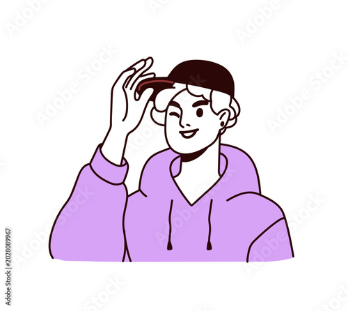 Happy smiling person adjusting cap visor, greeting with tipping hat gesture. ...