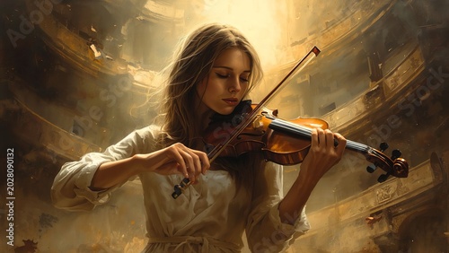 Female violinist performing alone inside abandoned theater illuminated by single spotlight, floating dust particles, dramatic cinematic shadows, realistic emotional expression