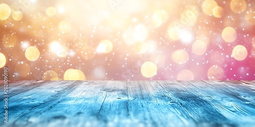 Empty wooden surface with a blue tint providing a festive backdrop of vibrant bokeh lights and gently falling sparkling particles.