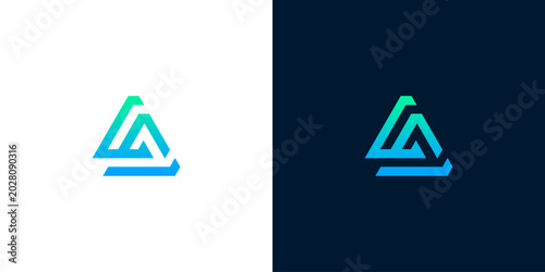 Modern abstract triangular concept logo design, featuring a dynamic blue-green gradient, symbolizing growth, connectivity, and innovation for contemporary business branding
