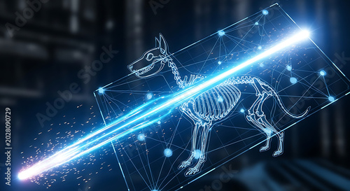 Futuristic AI Canine Anatomy Visualization with Glowing Energy Beam
