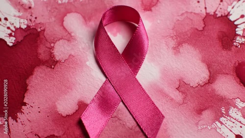Pink ribbon for breast cancer awareness on red watercolor background